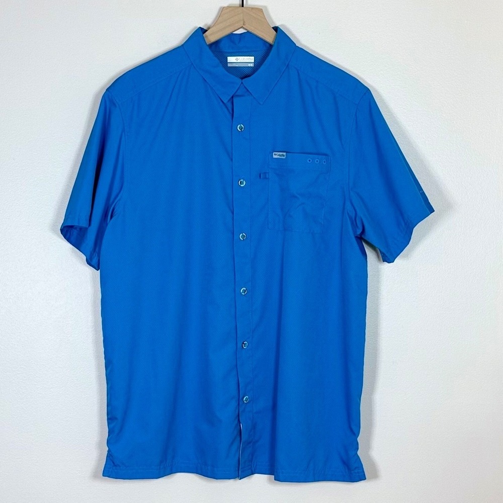 Columbia Mens PFG Fishing Shirt M Blue Omni-Shade Short Sleeve Hiking Gorpcore‎